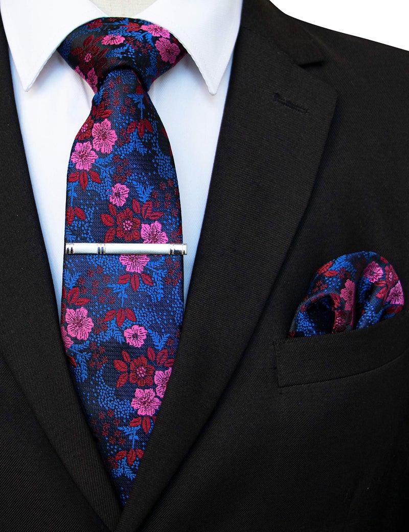 JEMYGINS Silk Blue Red Floral Necktie and Pocket Square, Hankerchief and Tie Bar Clip Sets for Men (2) - Image 2